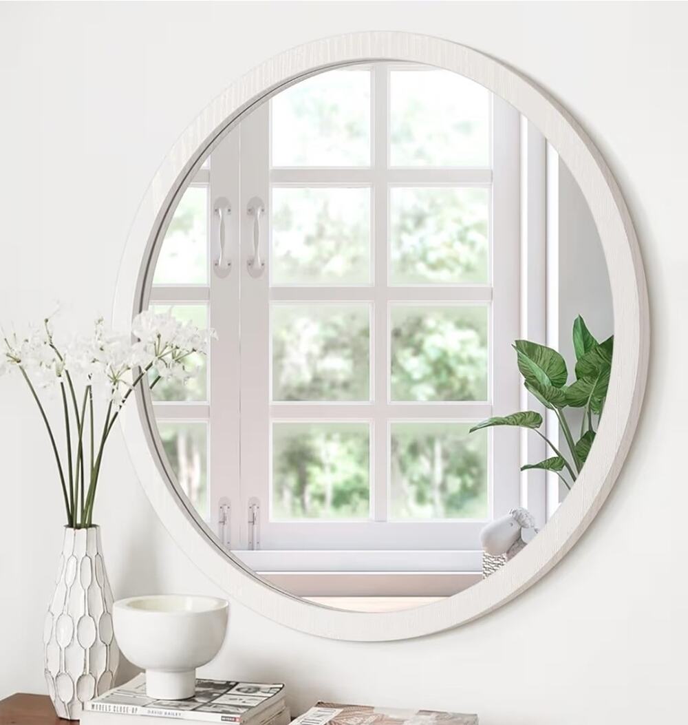 Round Wall Mirror 20 Inch Circle Wall Mirror for Bathroom, White Wood by JJUUYOU